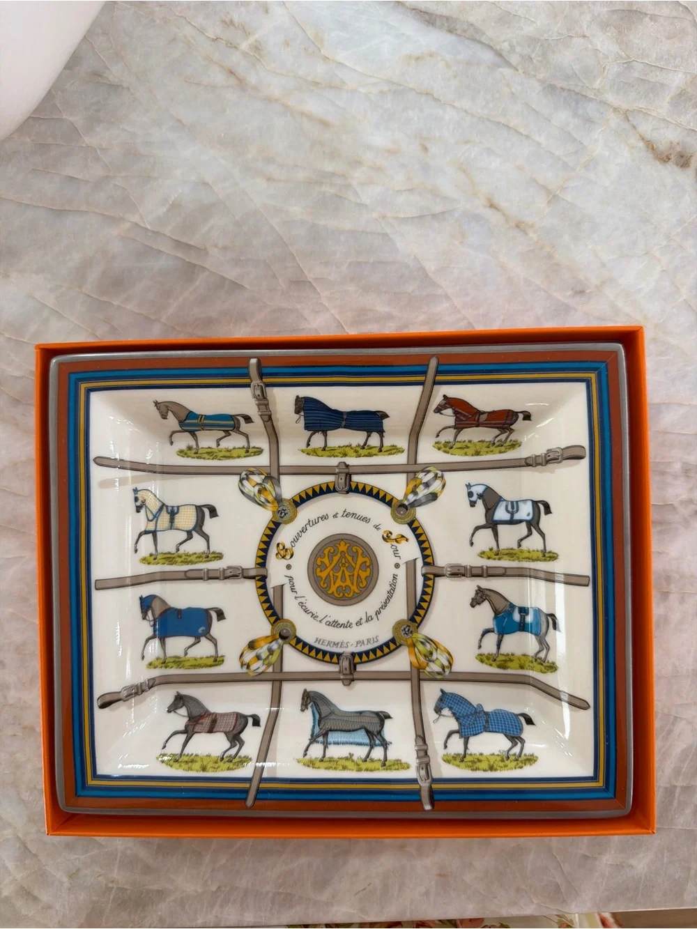 Hermes Equestrian Ceramic Trinket Tray - Blue, White, Orange